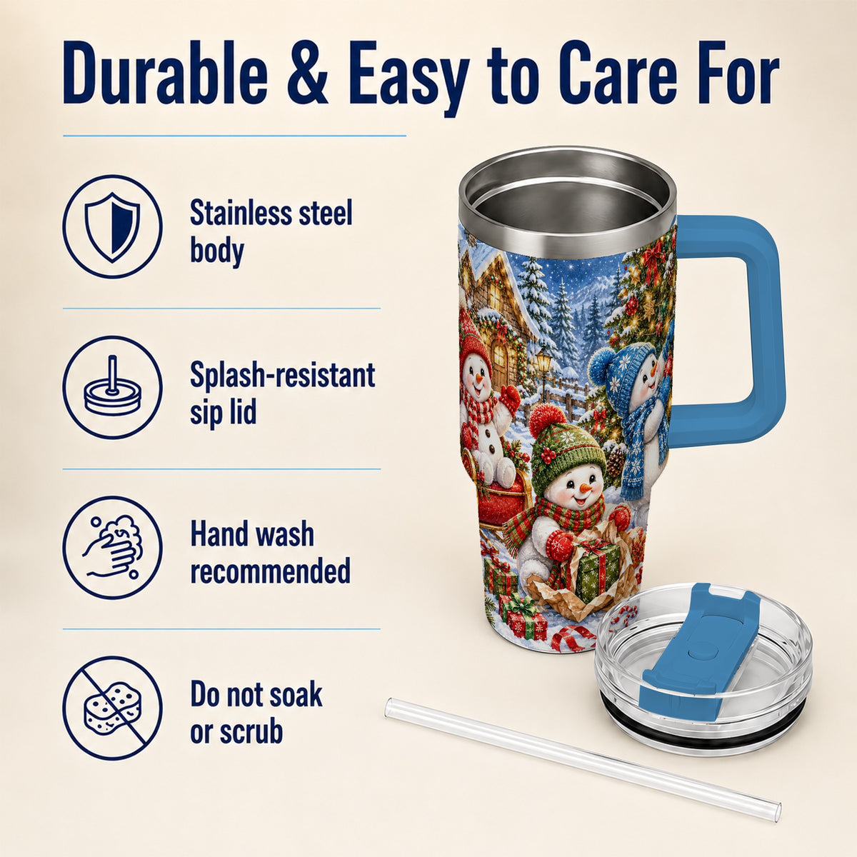 #pl[40oz|Blue] Snowman Trio 40oz Tumbler with Handle, Christmas Stainless Steel Cup