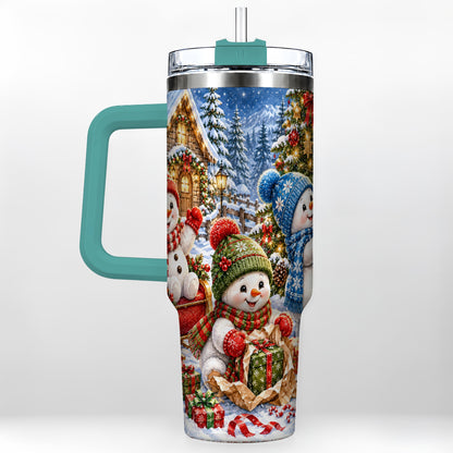 #pl[40oz|Green] Snowman Trio 40oz Tumbler with Handle, Christmas Stainless Steel Cup