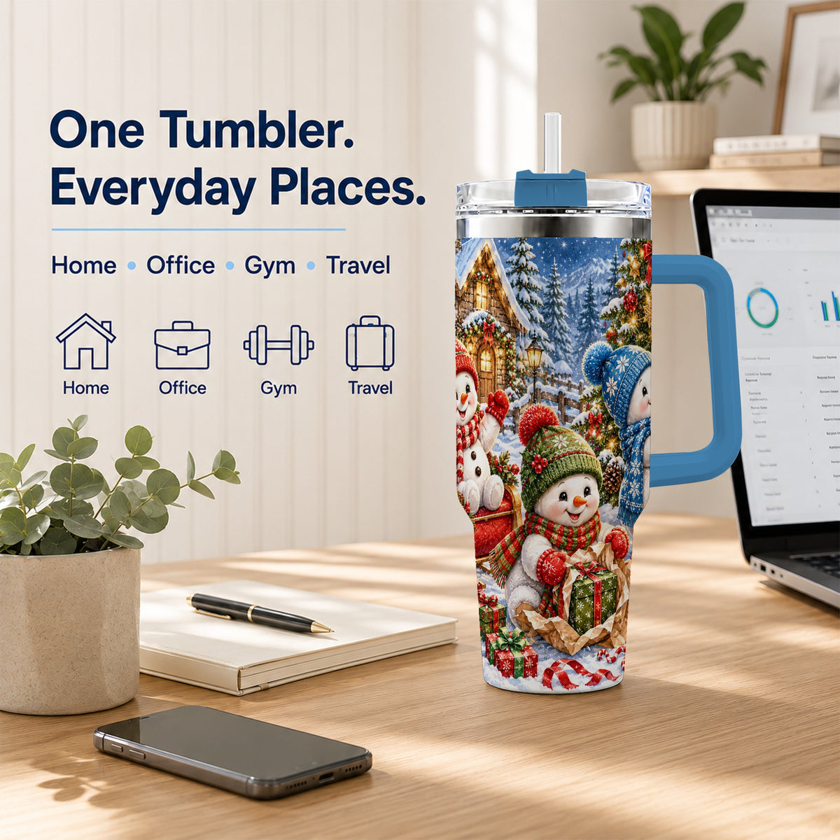 #pl[40oz|Blue] Snowman Trio 40oz Tumbler with Handle, Christmas Stainless Steel Cup