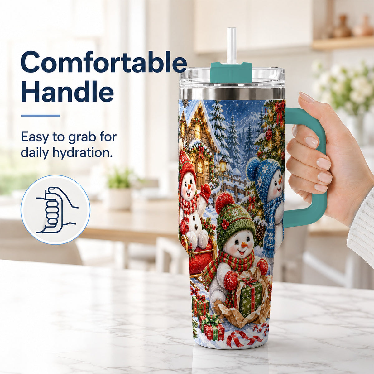 #pl[40oz|Green] Snowman Trio 40oz Tumbler with Handle, Christmas Stainless Steel Cup