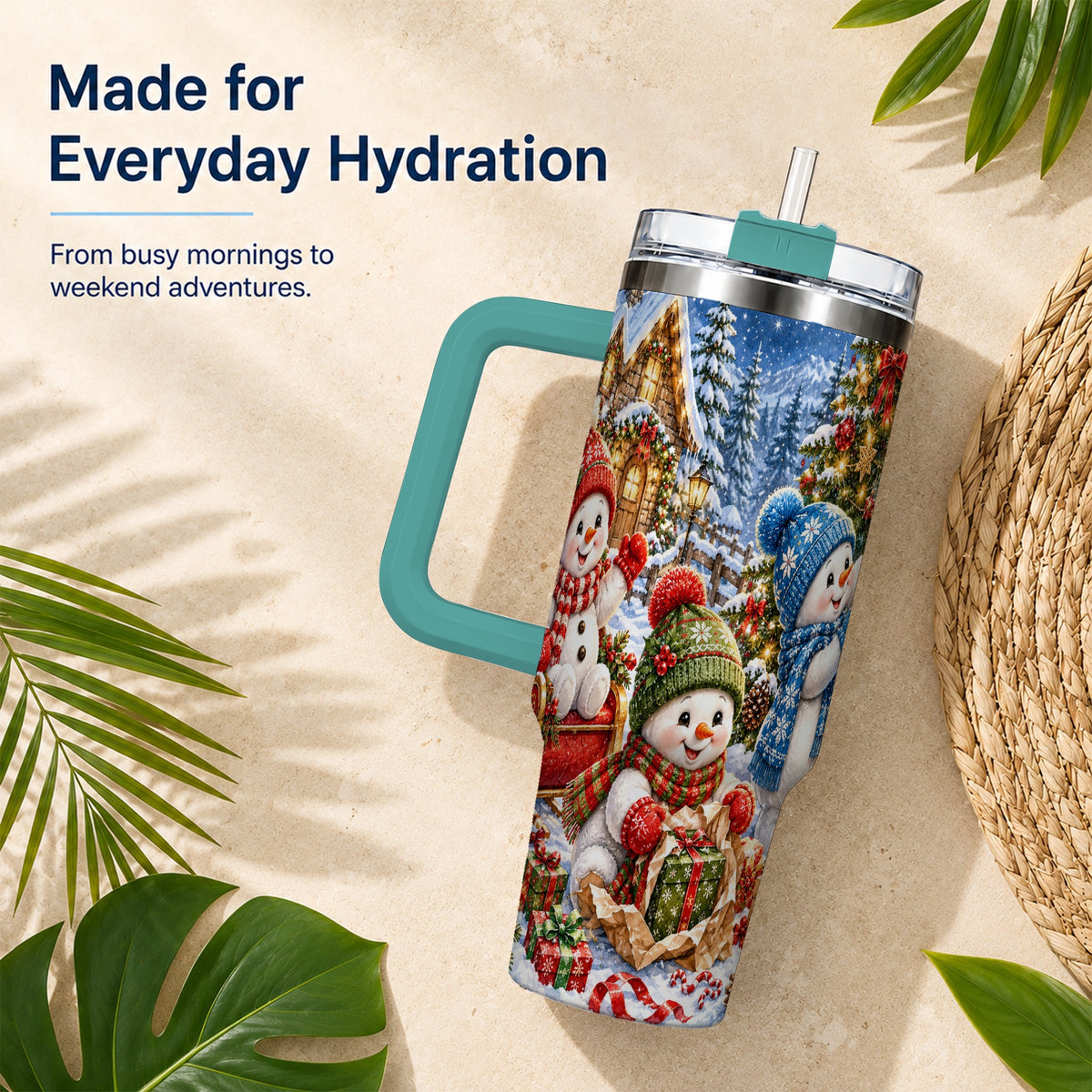 #pl[40oz|Green] Snowman Trio 40oz Tumbler with Handle, Christmas Stainless Steel Cup