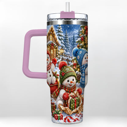 #pl[40oz|Pink] Snowman Trio 40oz Tumbler with Handle, Christmas Stainless Steel Cup
