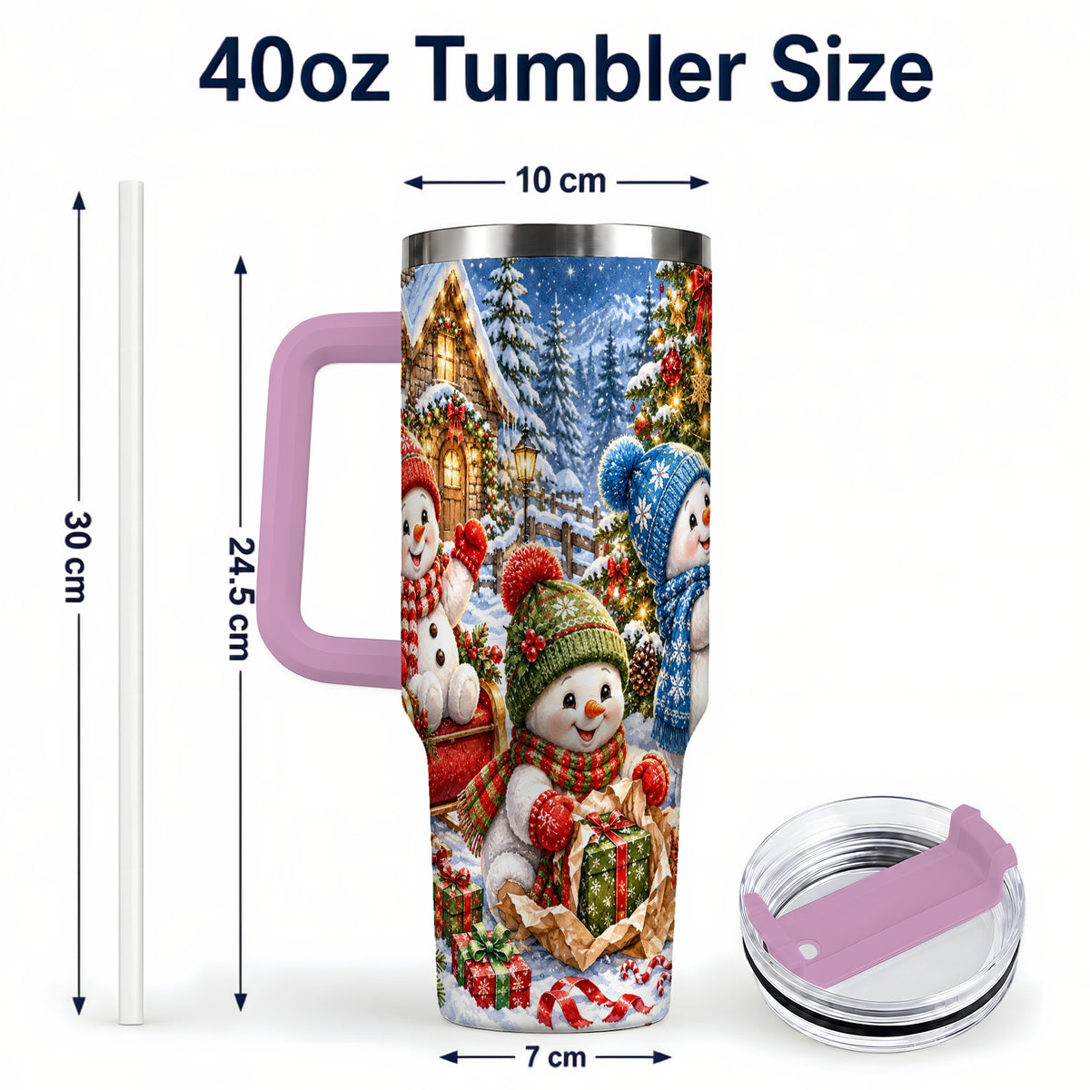 #pl[40oz|Pink] Snowman Trio 40oz Tumbler with Handle, Christmas Stainless Steel Cup
