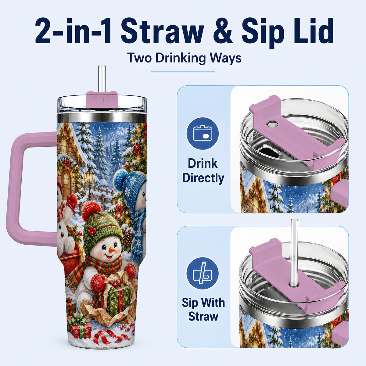 #pl[40oz|Pink] Snowman Trio 40oz Tumbler with Handle, Christmas Stainless Steel Cup