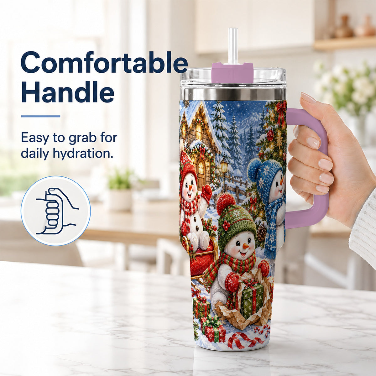 #pl[40oz|Pink] Snowman Trio 40oz Tumbler with Handle, Christmas Stainless Steel Cup