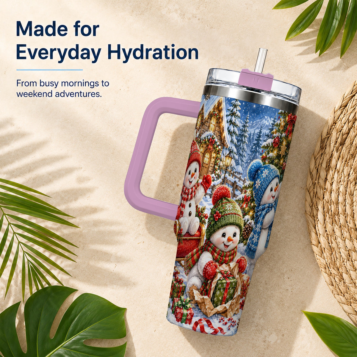 #pl[40oz|Pink] Snowman Trio 40oz Tumbler with Handle, Christmas Stainless Steel Cup