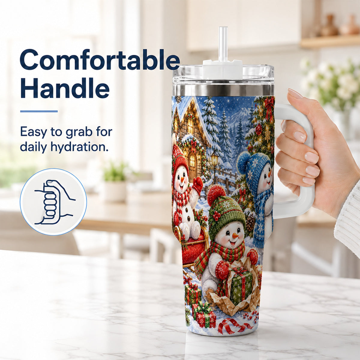 #pl[40oz|White] Snowman Trio 40oz Tumbler with Handle, Christmas Stainless Steel Cup