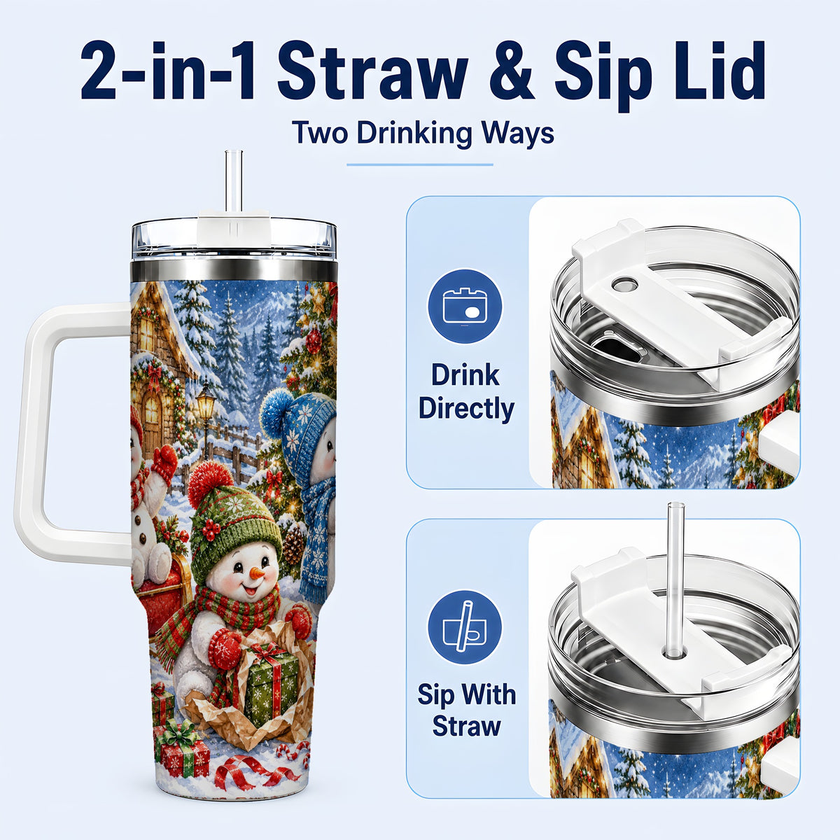 #pl[40oz|White] Snowman Trio 40oz Tumbler with Handle, Christmas Stainless Steel Cup