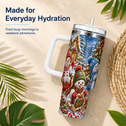 #pl[40oz|White] Snowman Trio 40oz Tumbler with Handle, Christmas Stainless Steel Cup