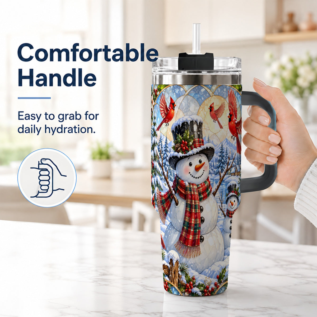 #pl[40oz|Black] Snowman Cardinal 40oz Tumbler with Handle, Winter Stainless Steel Cup