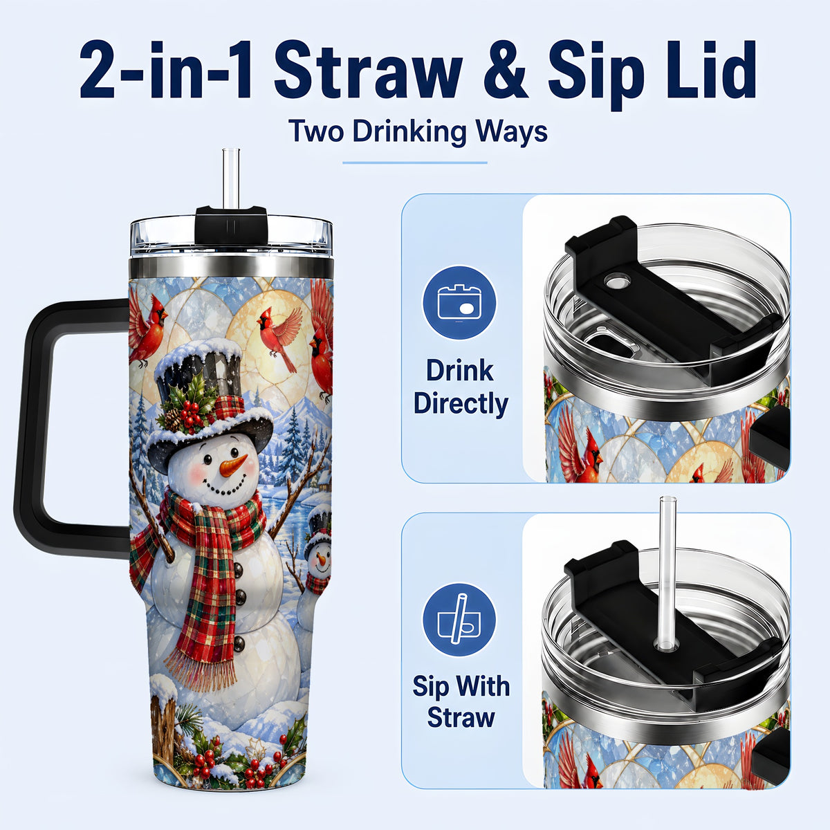 #pl[40oz|Black] Snowman Cardinal 40oz Tumbler with Handle, Winter Stainless Steel Cup