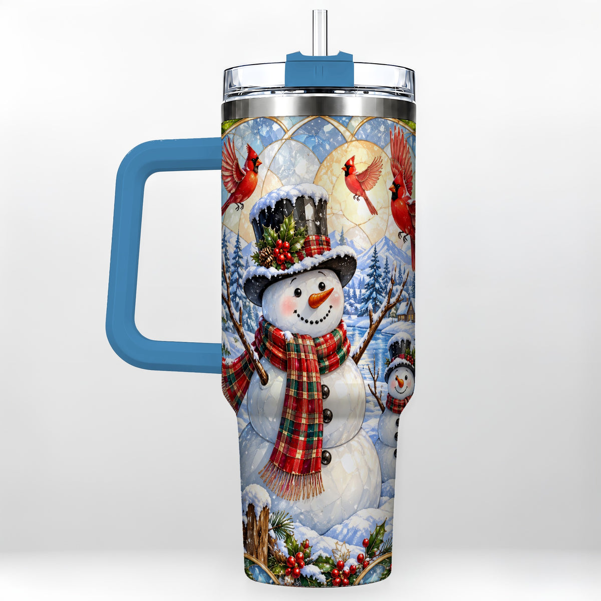 #pl[40oz|Blue] Snowman Cardinal 40oz Tumbler with Handle, Winter Stainless Steel Cup