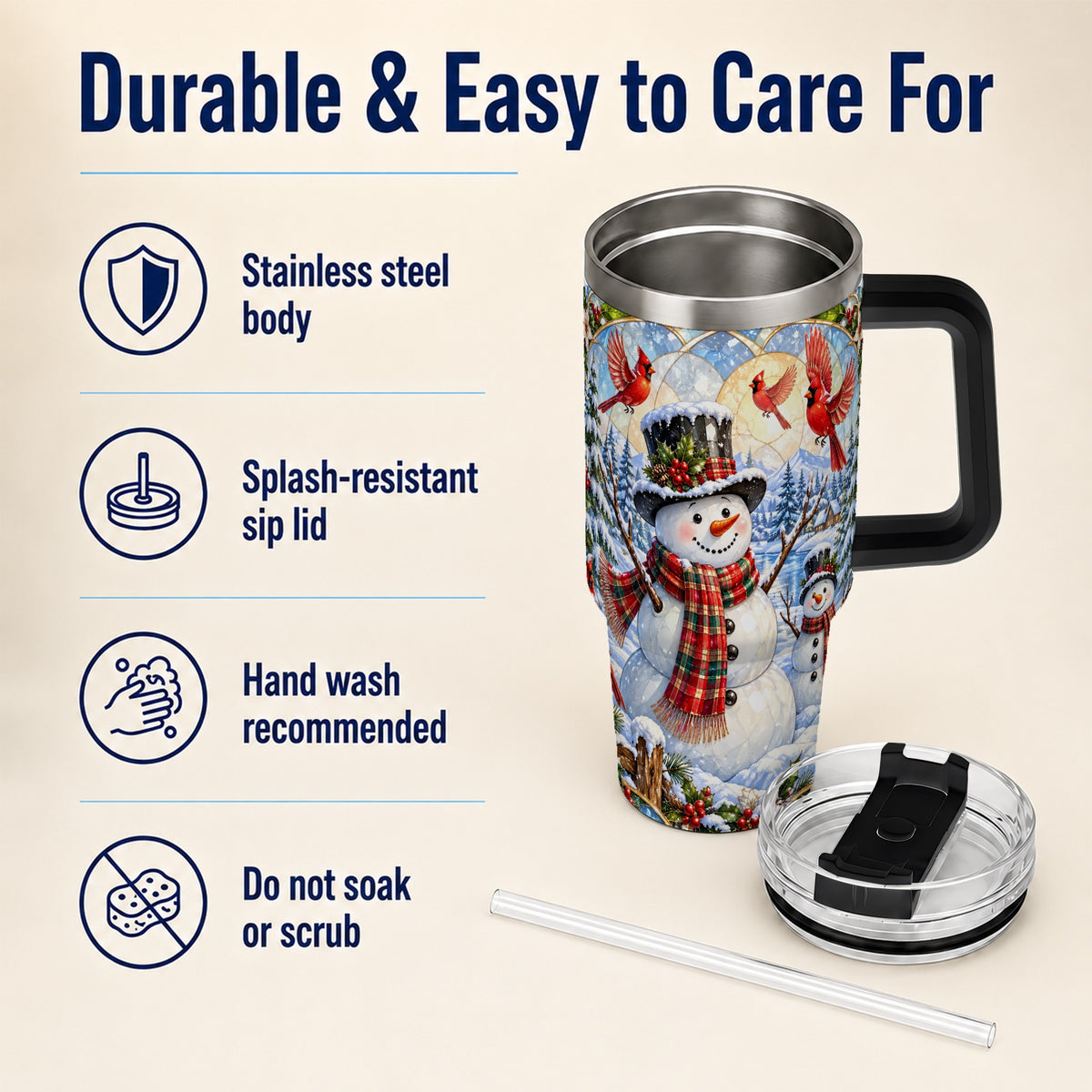 #pl[40oz|Black] Snowman Cardinal 40oz Tumbler with Handle, Winter Stainless Steel Cup
