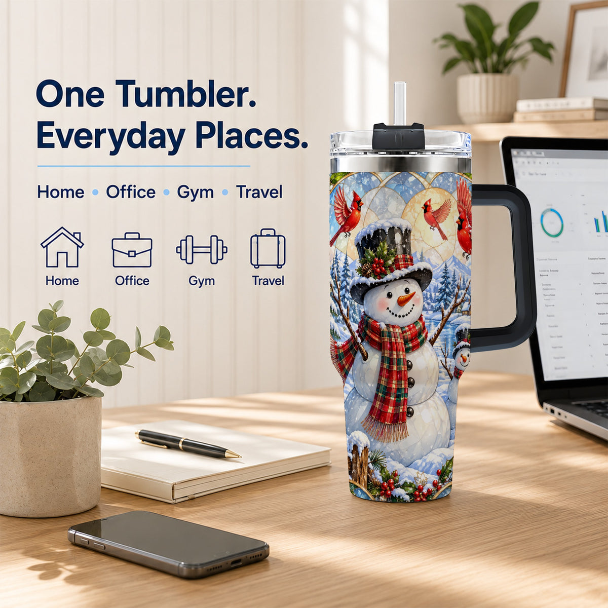 #pl[40oz|Black] Snowman Cardinal 40oz Tumbler with Handle, Winter Stainless Steel Cup