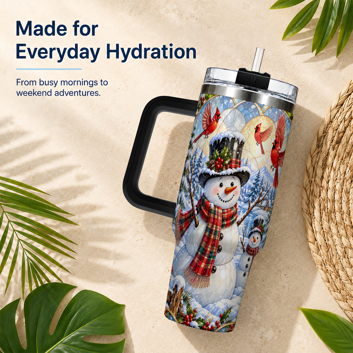 #pl[40oz|Black] Snowman Cardinal 40oz Tumbler with Handle, Winter Stainless Steel Cup