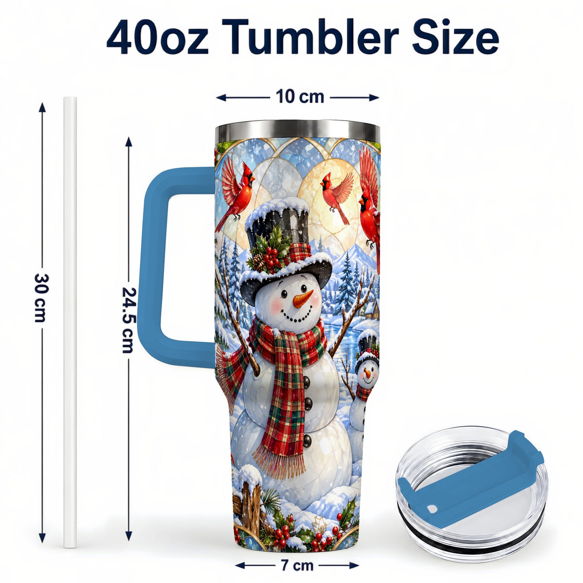 #pl[40oz|Blue] Snowman Cardinal 40oz Tumbler with Handle, Winter Stainless Steel Cup