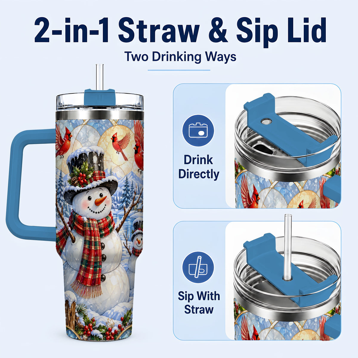 #pl[40oz|Blue] Snowman Cardinal 40oz Tumbler with Handle, Winter Stainless Steel Cup