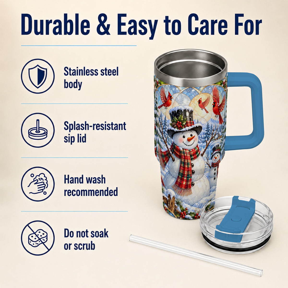 #pl[40oz|Blue] Snowman Cardinal 40oz Tumbler with Handle, Winter Stainless Steel Cup