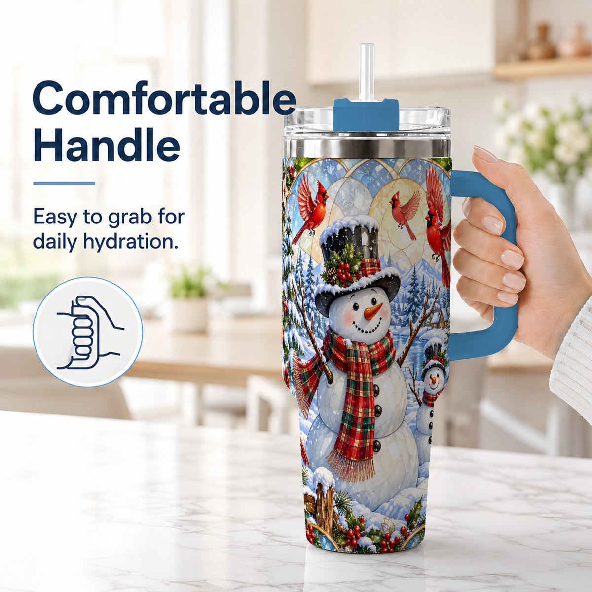 #pl[40oz|Blue] Snowman Cardinal 40oz Tumbler with Handle, Winter Stainless Steel Cup