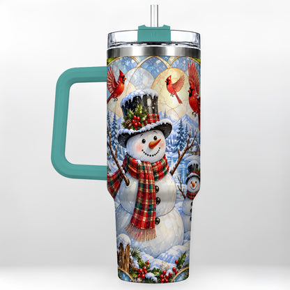 #pl[40oz|Green] Snowman Cardinal 40oz Tumbler with Handle, Winter Stainless Steel Cup