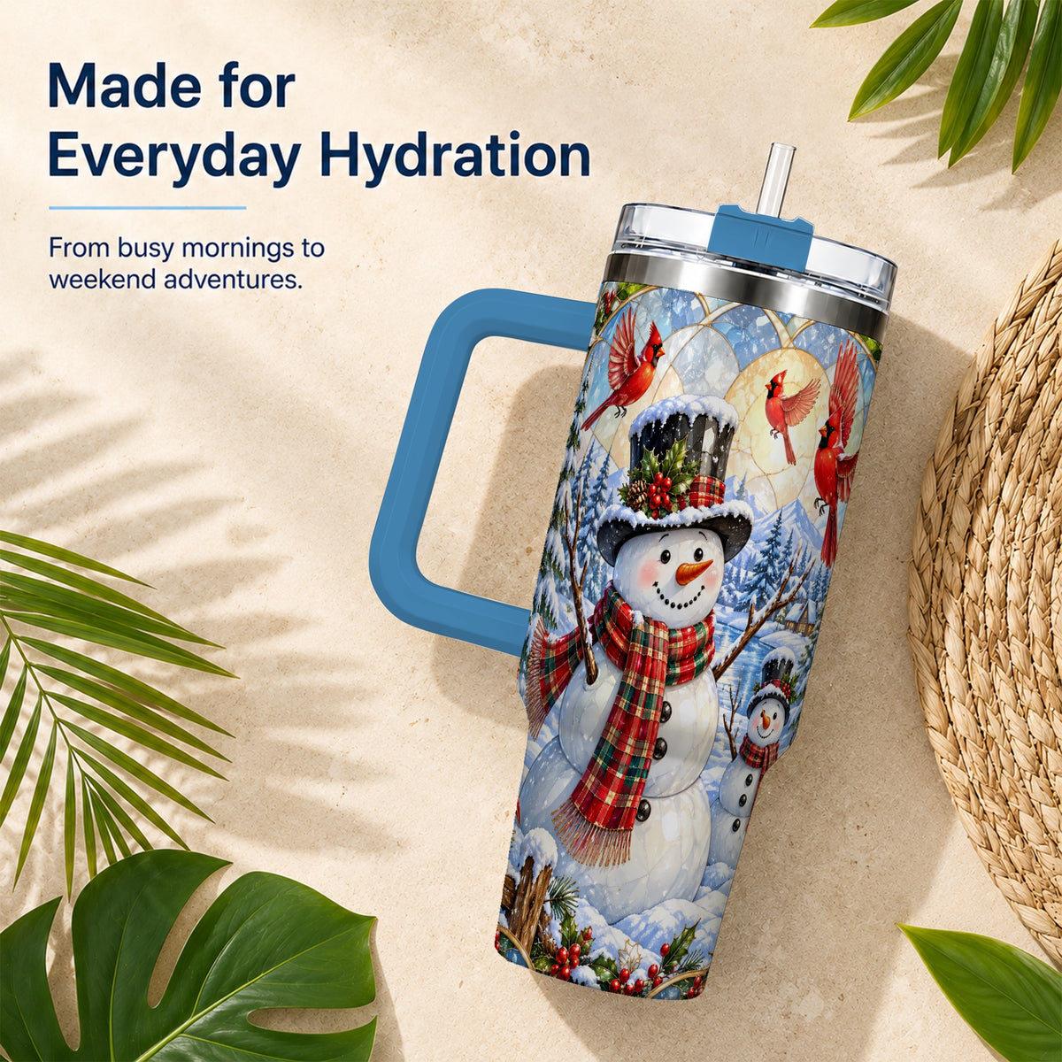 #pl[40oz|Blue] Snowman Cardinal 40oz Tumbler with Handle, Winter Stainless Steel Cup
