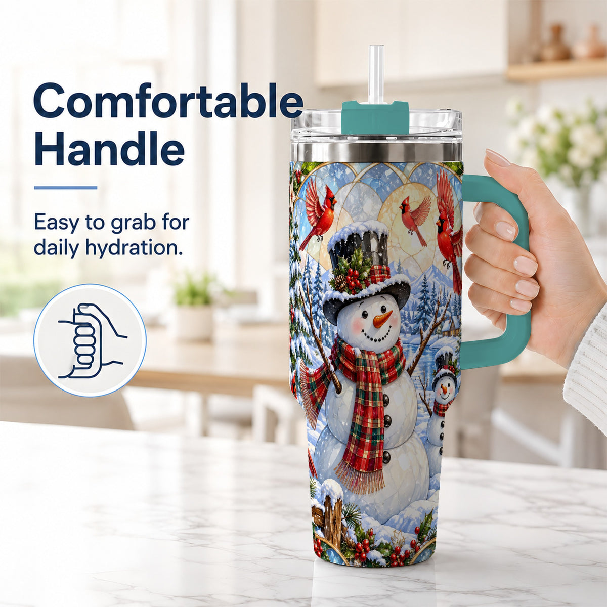 #pl[40oz|Green] Snowman Cardinal 40oz Tumbler with Handle, Winter Stainless Steel Cup