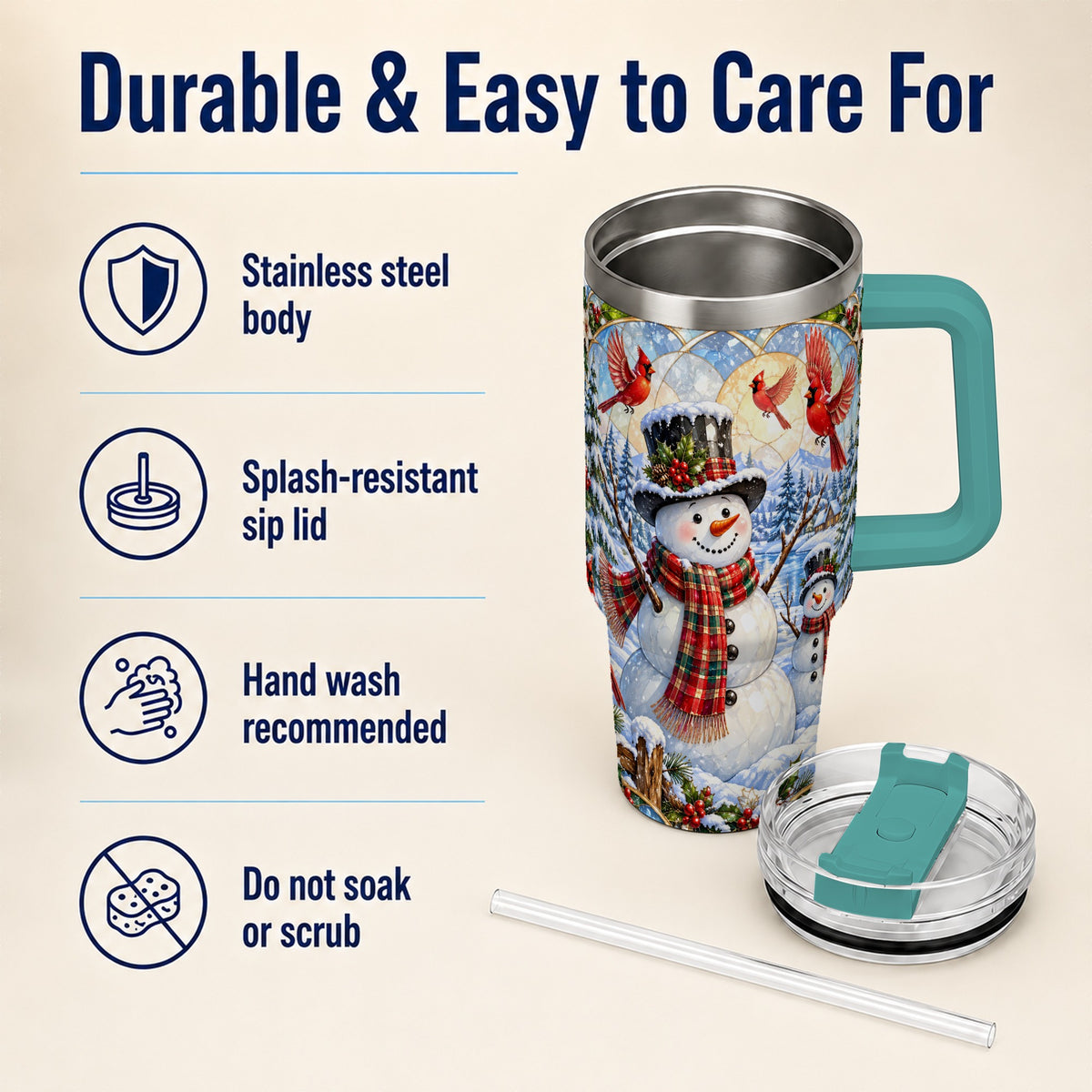 #pl[40oz|Green] Snowman Cardinal 40oz Tumbler with Handle, Winter Stainless Steel Cup