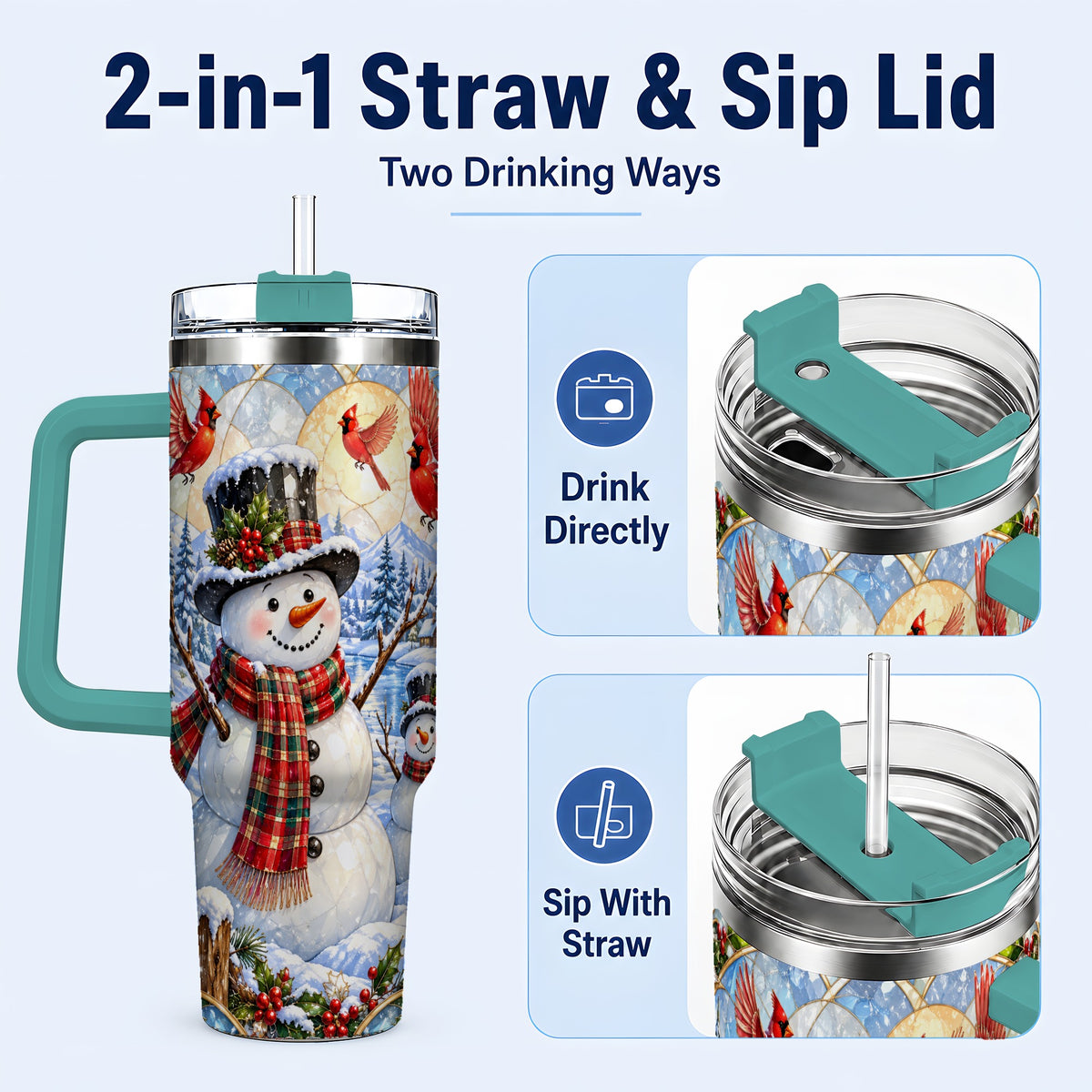 #pl[40oz|Green] Snowman Cardinal 40oz Tumbler with Handle, Winter Stainless Steel Cup