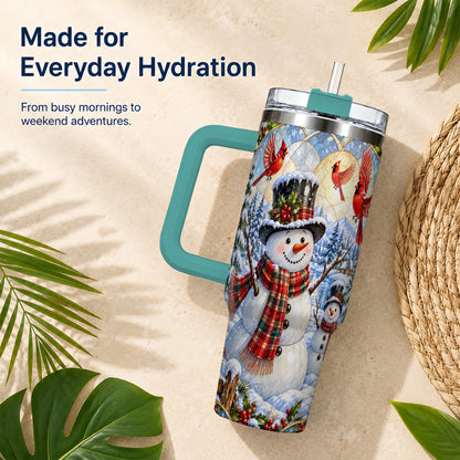 #pl[40oz|Green] Snowman Cardinal 40oz Tumbler with Handle, Winter Stainless Steel Cup