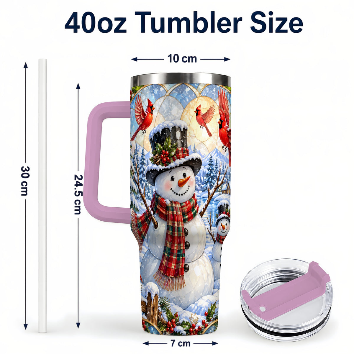 #pl[40oz|Pink] Snowman Cardinal 40oz Tumbler with Handle, Winter Stainless Steel Cup
