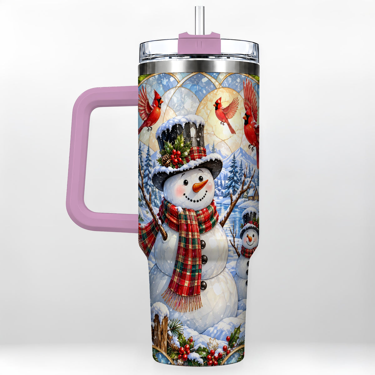 #pl[40oz|Pink] Snowman Cardinal 40oz Tumbler with Handle, Winter Stainless Steel Cup