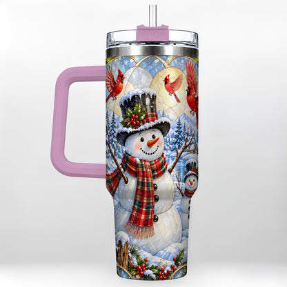 #pl[40oz|Pink] Snowman Cardinal 40oz Tumbler with Handle, Winter Stainless Steel Cup
