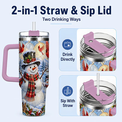 #pl[40oz|Pink] Snowman Cardinal 40oz Tumbler with Handle, Winter Stainless Steel Cup