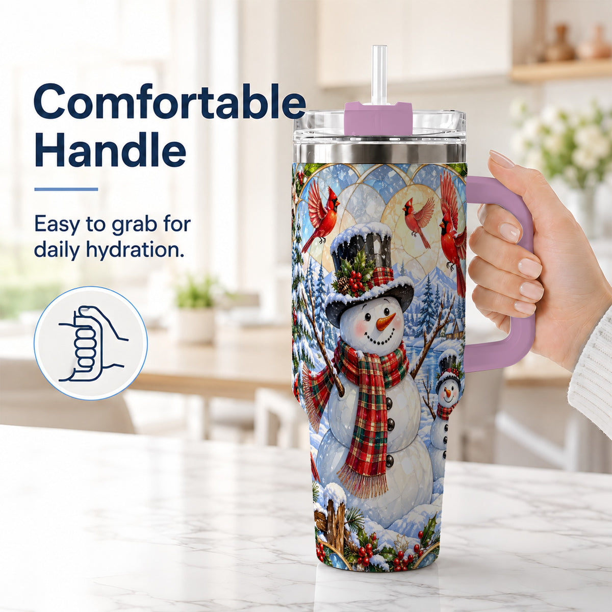 #pl[40oz|Pink] Snowman Cardinal 40oz Tumbler with Handle, Winter Stainless Steel Cup