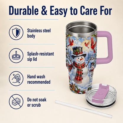 #pl[40oz|Pink] Snowman Cardinal 40oz Tumbler with Handle, Winter Stainless Steel Cup