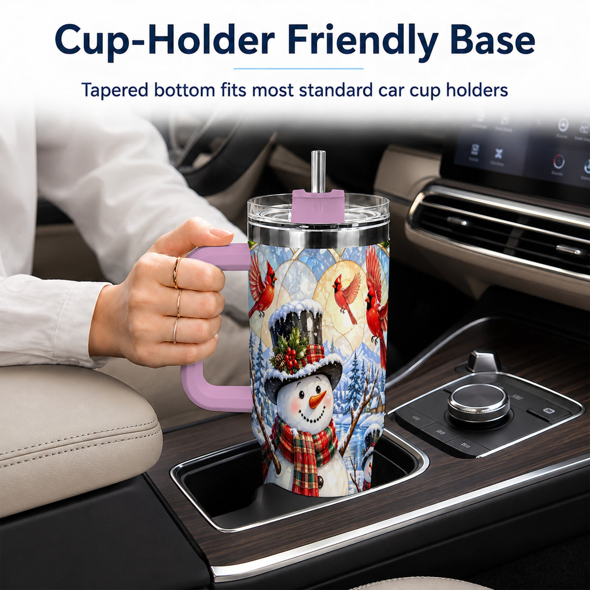 #pl[40oz|Pink] Snowman Cardinal 40oz Tumbler with Handle, Winter Stainless Steel Cup