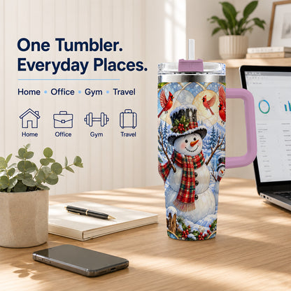 #pl[40oz|Pink] Snowman Cardinal 40oz Tumbler with Handle, Winter Stainless Steel Cup