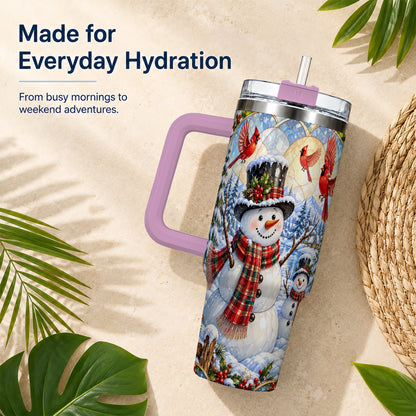 #pl[40oz|Pink] Snowman Cardinal 40oz Tumbler with Handle, Winter Stainless Steel Cup