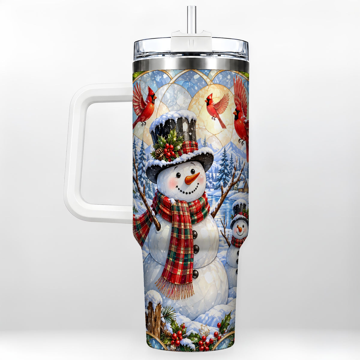 Snowman Cardinal 40oz Tumbler with Handle, Winter Stainless Steel Cup