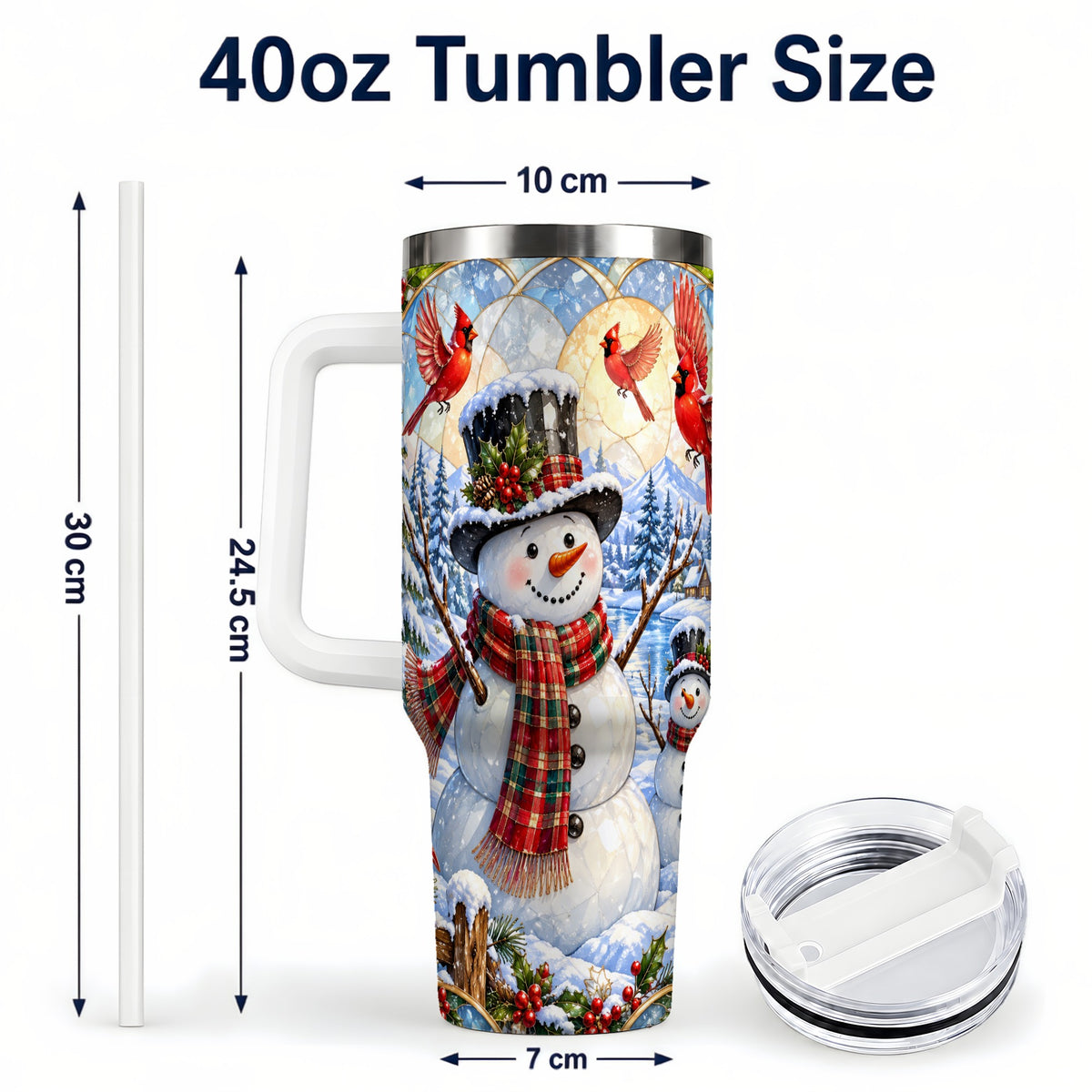 #pl[40oz|White] Snowman Cardinal 40oz Tumbler with Handle, Winter Stainless Steel Cup
