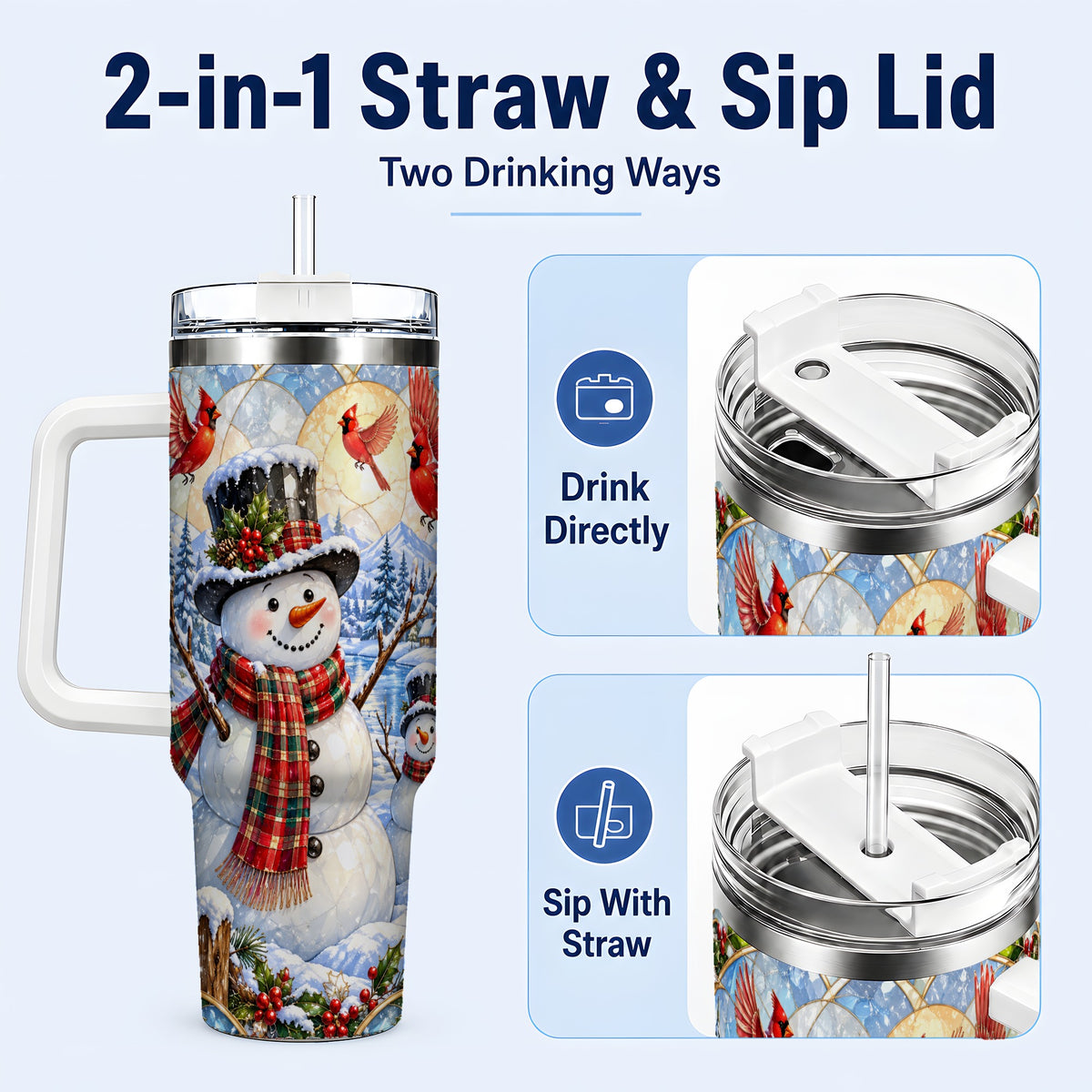 #pl[40oz|White] Snowman Cardinal 40oz Tumbler with Handle, Winter Stainless Steel Cup