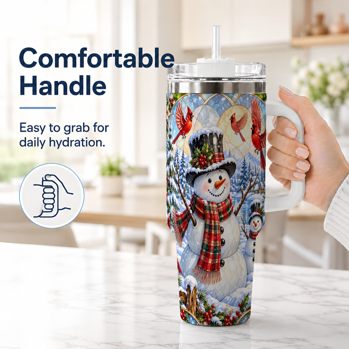#pl[40oz|White] Snowman Cardinal 40oz Tumbler with Handle, Winter Stainless Steel Cup