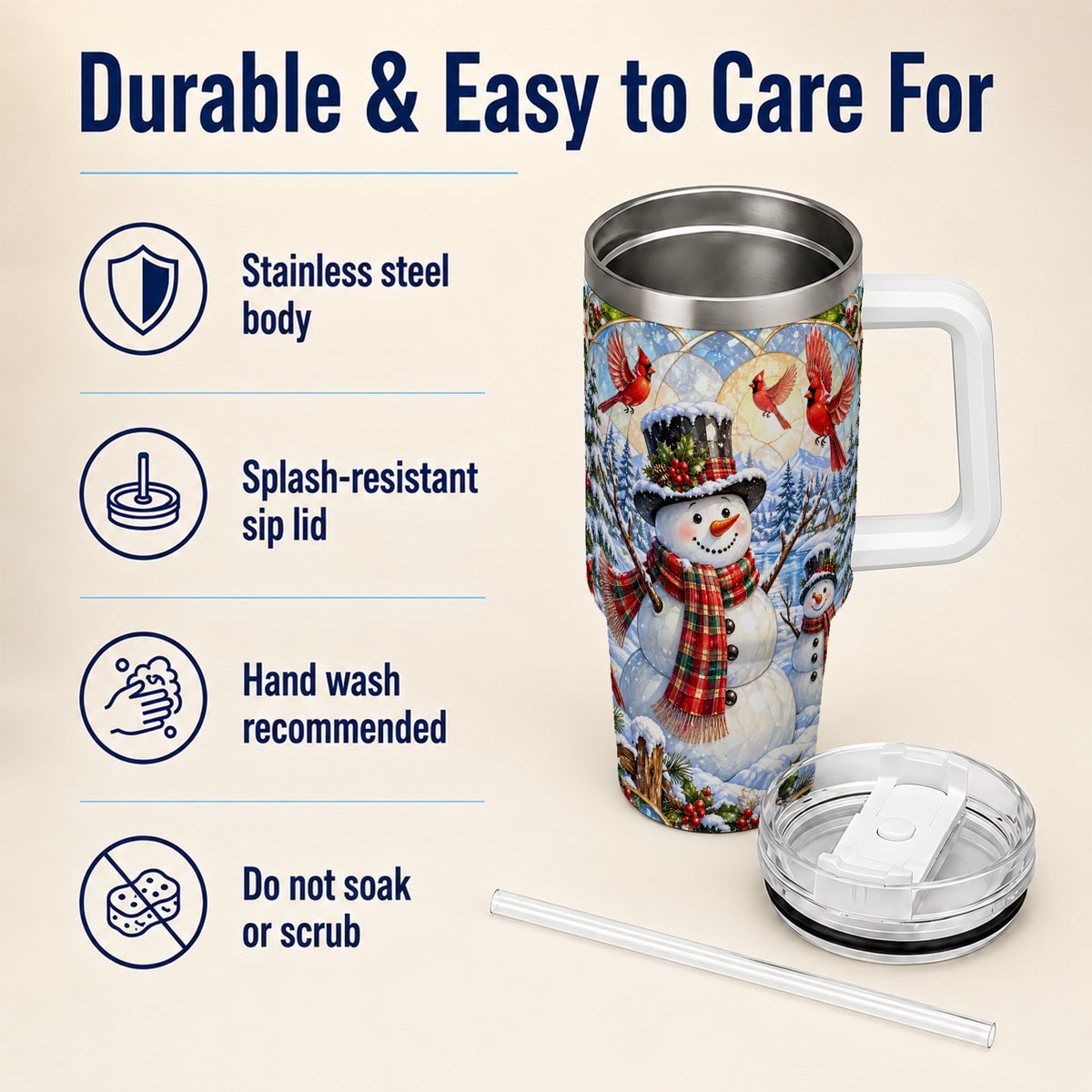 #pl[40oz|White] Snowman Cardinal 40oz Tumbler with Handle, Winter Stainless Steel Cup