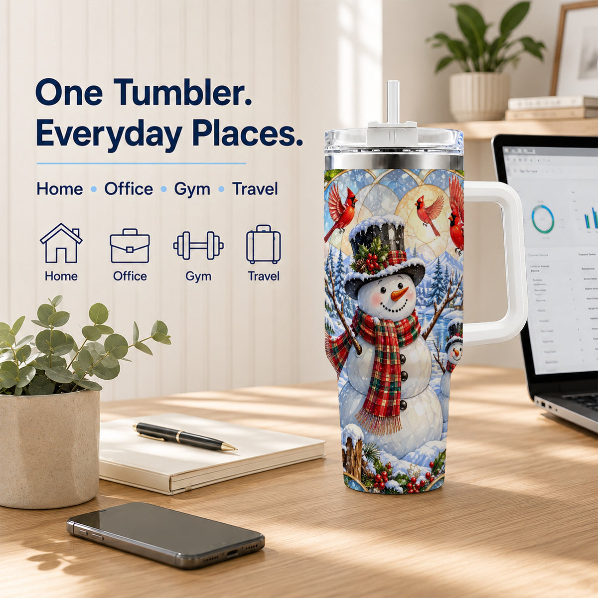 #pl[40oz|White] Snowman Cardinal 40oz Tumbler with Handle, Winter Stainless Steel Cup