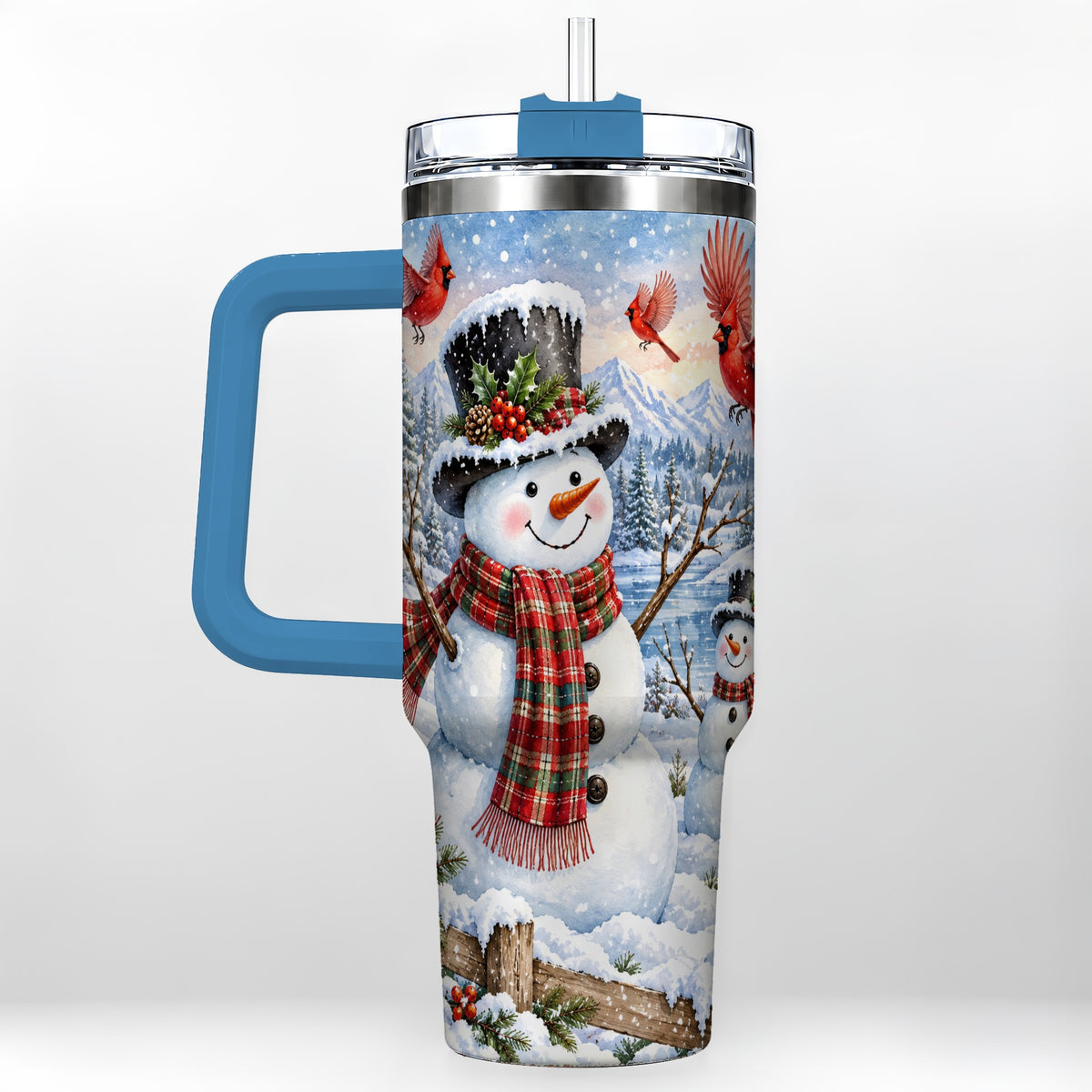 #pl[40oz|Blue] Snowman Cardinal 40oz Tumbler with Handle, Plaid Winter Stainless Steel Cup