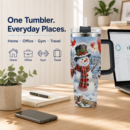 #pl[40oz|Black] Snowman Cardinal 40oz Tumbler with Handle, Plaid Winter Stainless Steel Cup