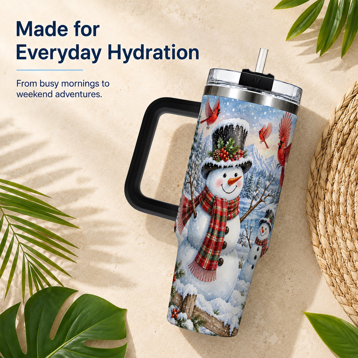 #pl[40oz|Black] Snowman Cardinal 40oz Tumbler with Handle, Plaid Winter Stainless Steel Cup