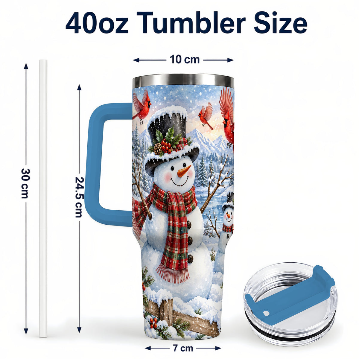 #pl[40oz|Blue] Snowman Cardinal 40oz Tumbler with Handle, Plaid Winter Stainless Steel Cup