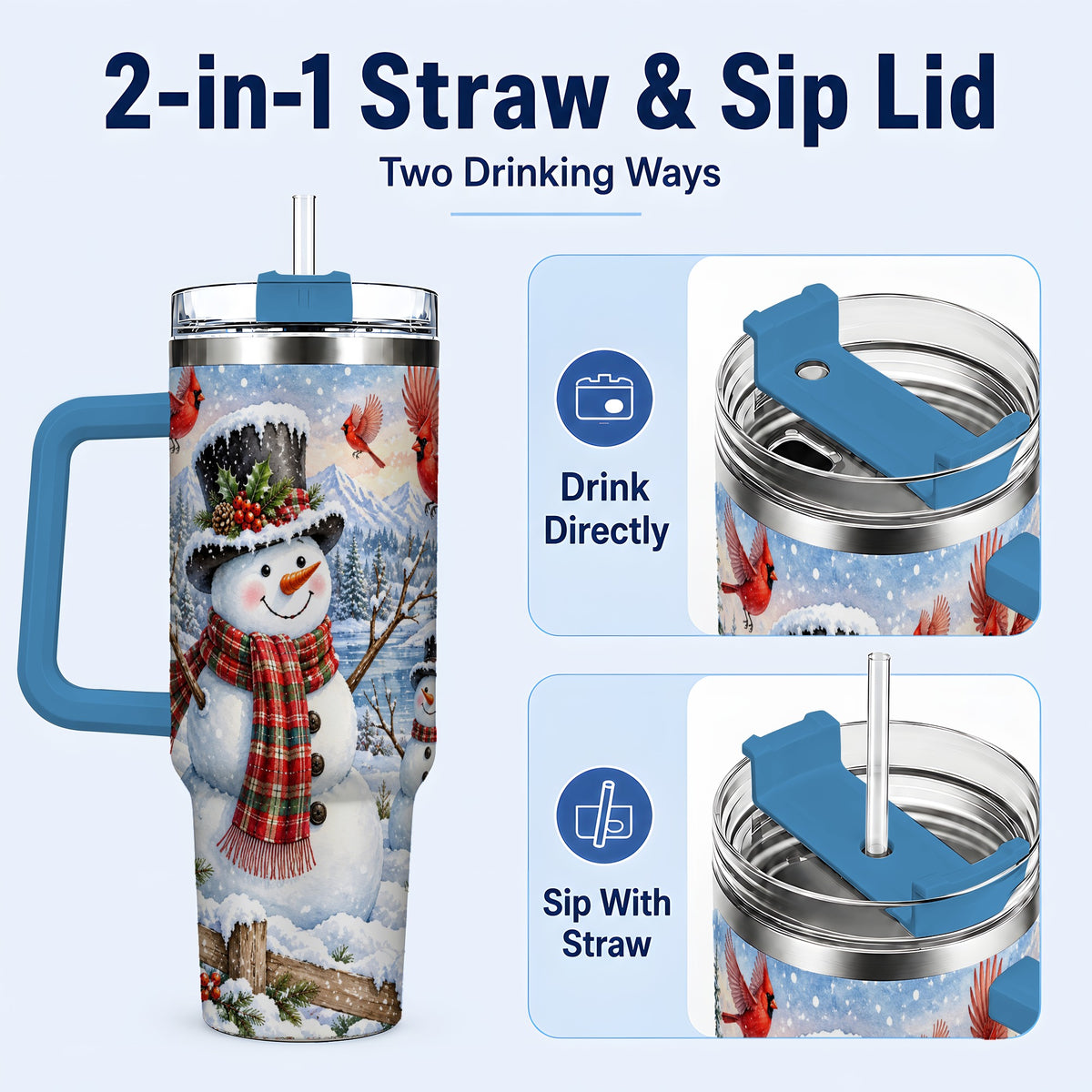 #pl[40oz|Blue] Snowman Cardinal 40oz Tumbler with Handle, Plaid Winter Stainless Steel Cup