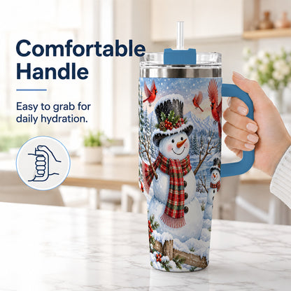 #pl[40oz|Blue] Snowman Cardinal 40oz Tumbler with Handle, Plaid Winter Stainless Steel Cup